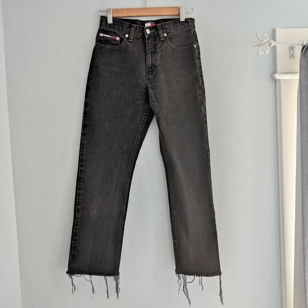 Vintage 90s Y2K Tommy Hilfiger Jeans Black Denim Cropped Distressed JRS Size 1